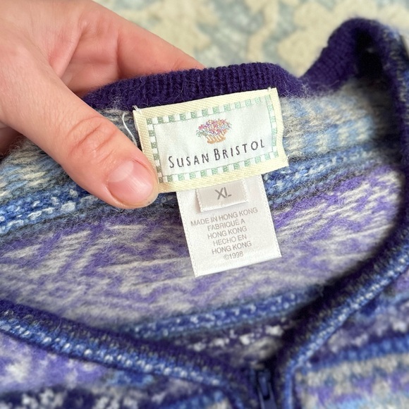 Susan Bristol Wool Cardigan Sweater Purple Multi V-Neck Zip Long Sleeve Size XL - Picture 6 of 9